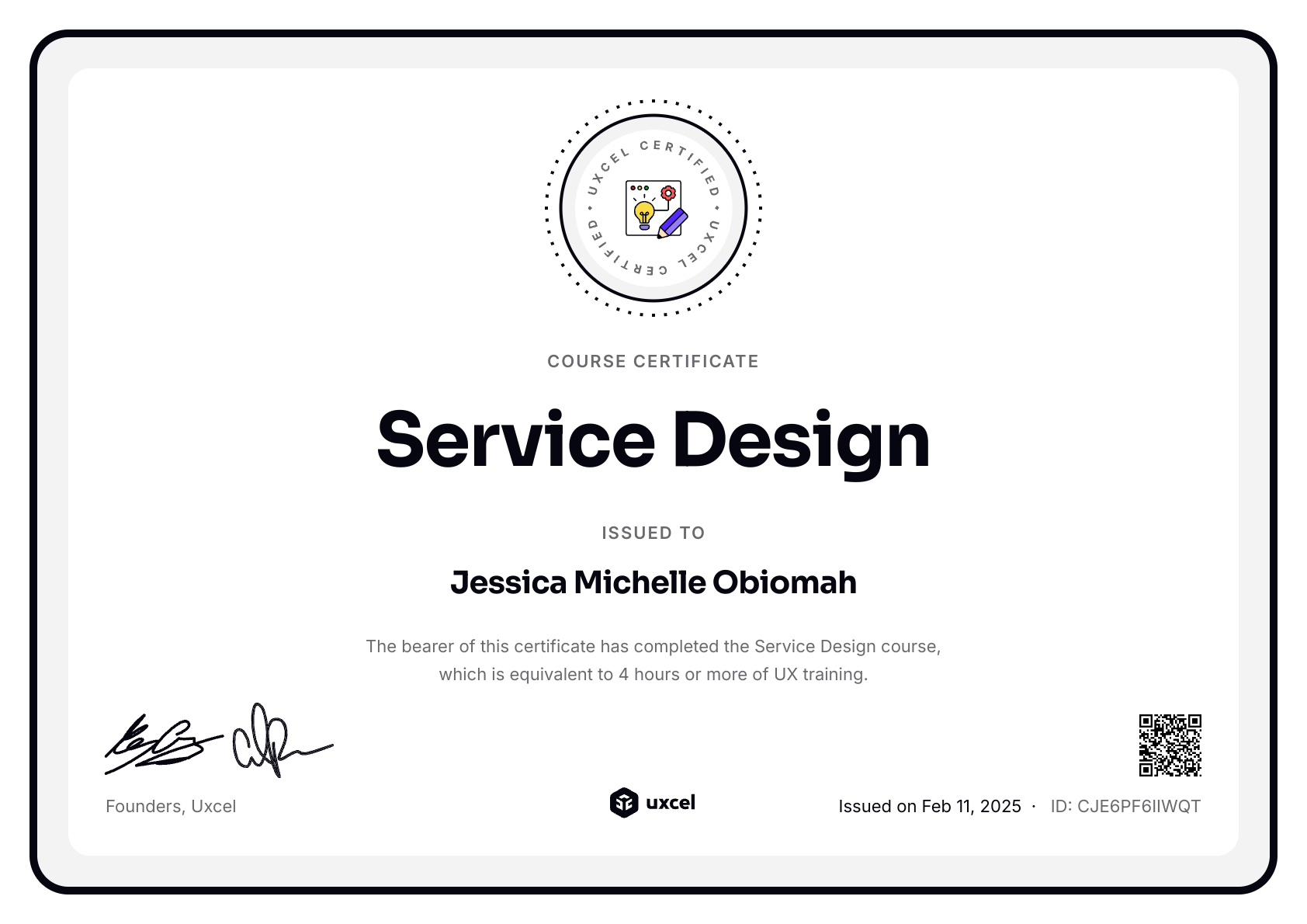 Jessica Michelle Obiomah's certificate